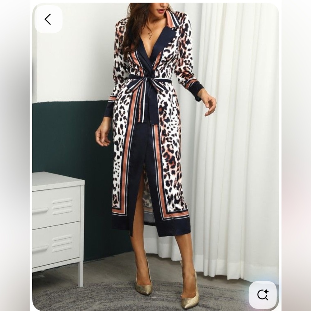 CBR Women's Black and Brown Leopard Print wrap dress / kimono size Medium